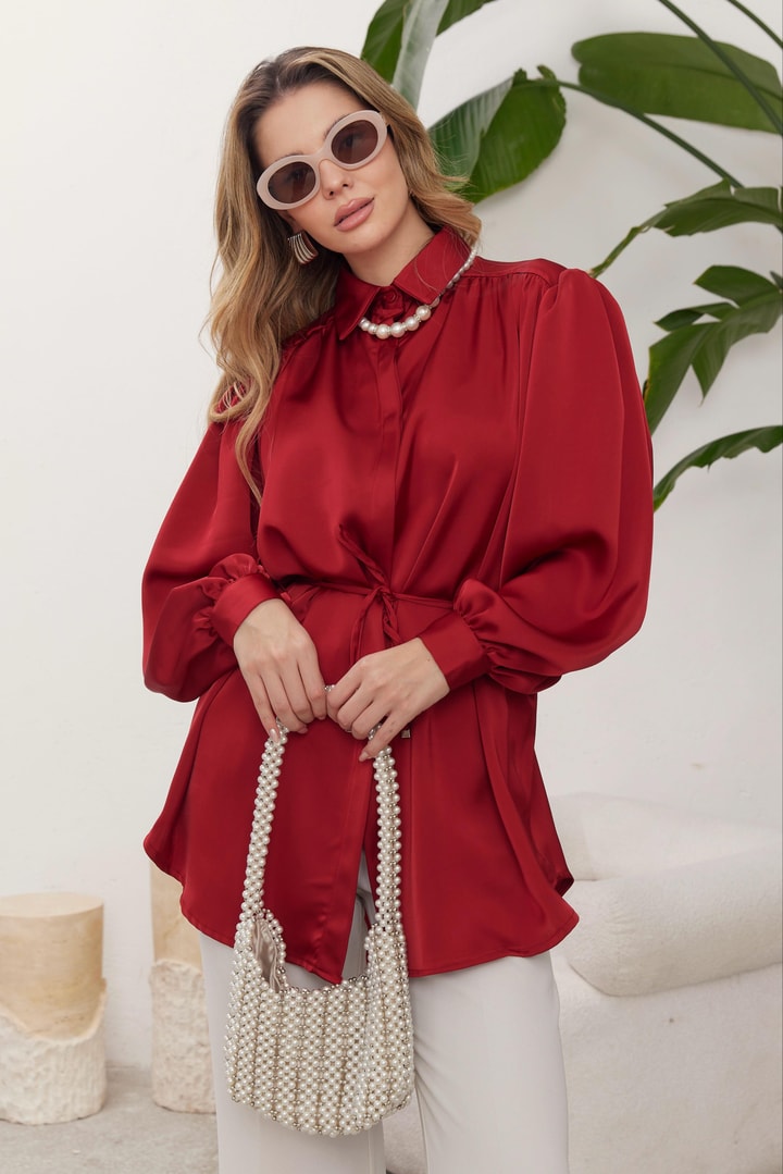 Daisy Saten Düğmeli Gömlek - Bordo