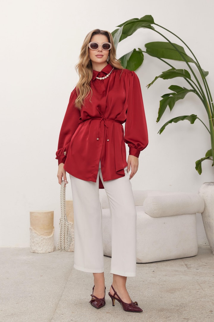 Daisy Saten Düğmeli Gömlek - Bordo