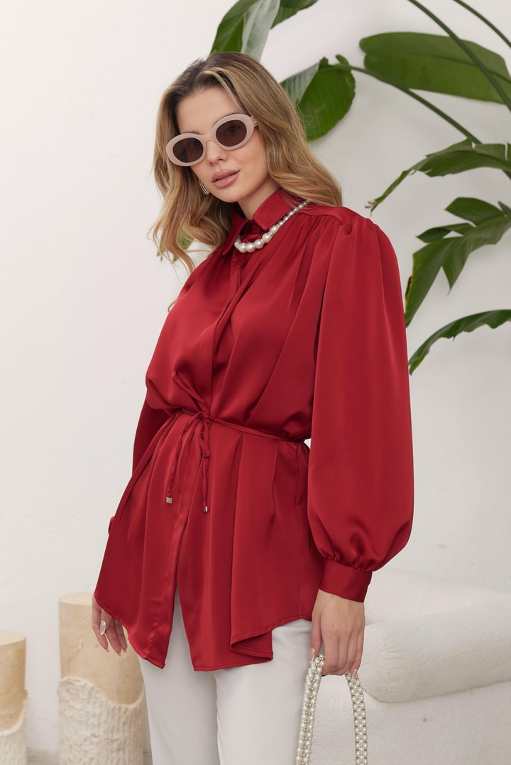 Daisy Saten Düğmeli Gömlek - Bordo