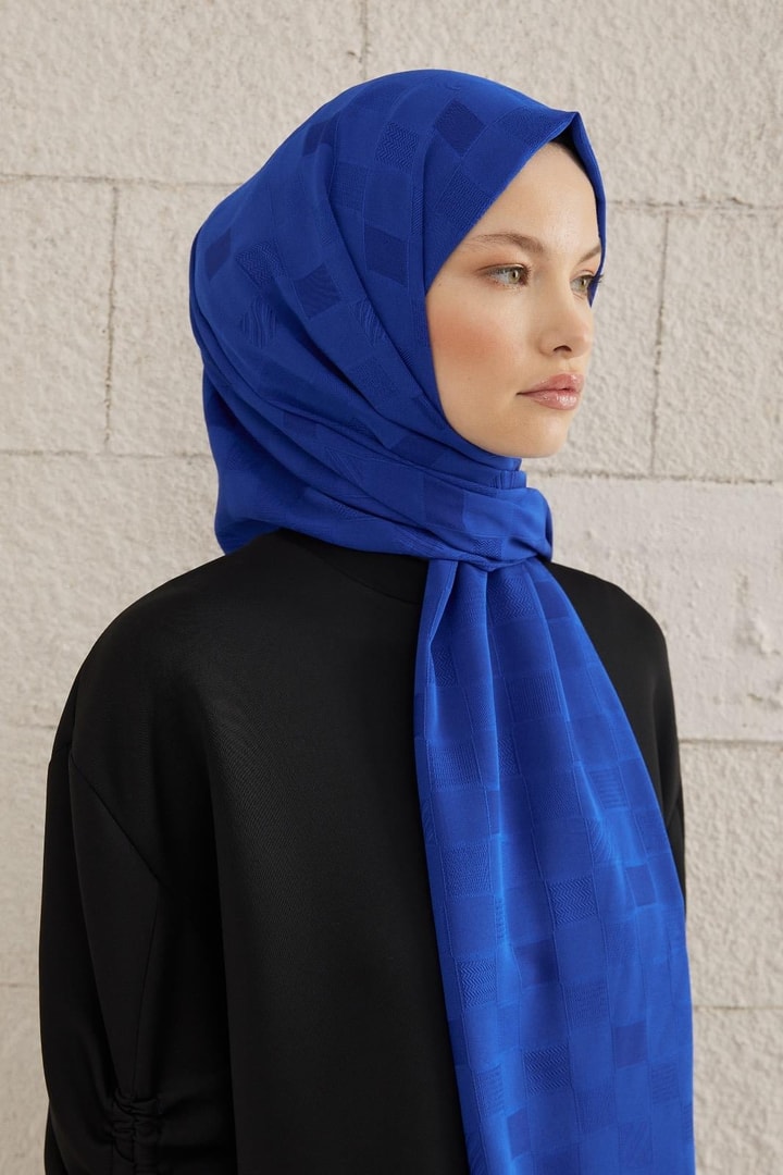 Dama Desen Dokulu Şal - saks mavisi