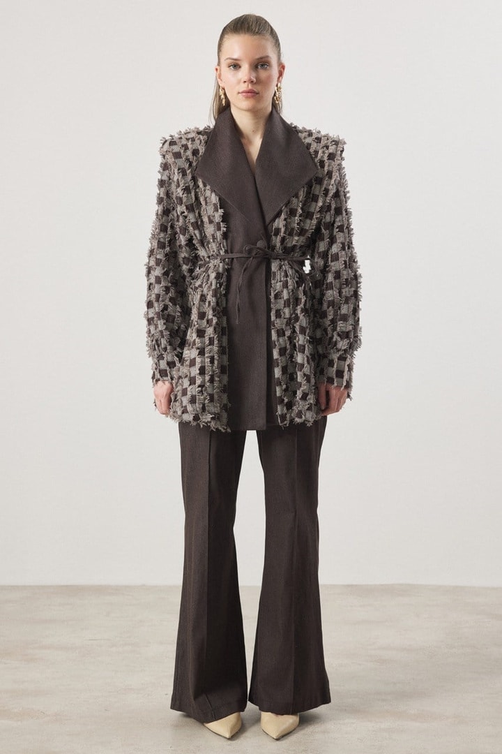 Dama Desen Fringed Kot Takım - Kahve