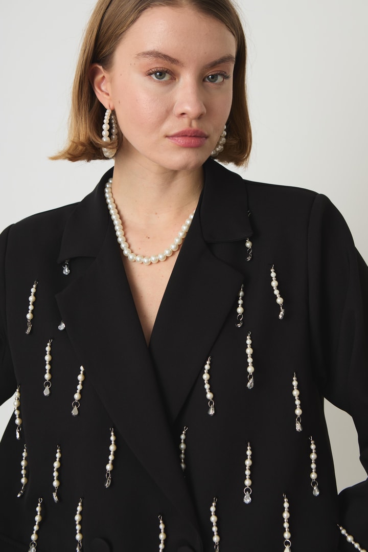 Damy İncili Blazer Ceket Takım - Siyah