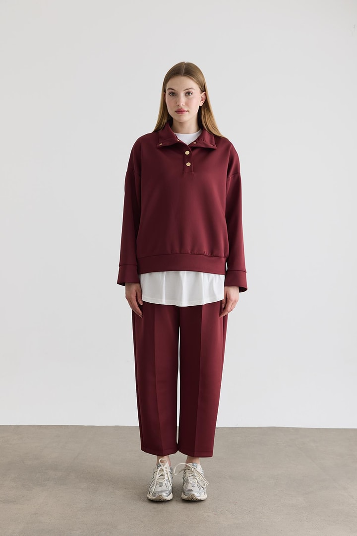 David Gold Düğmeli Basic Takım - Bordo