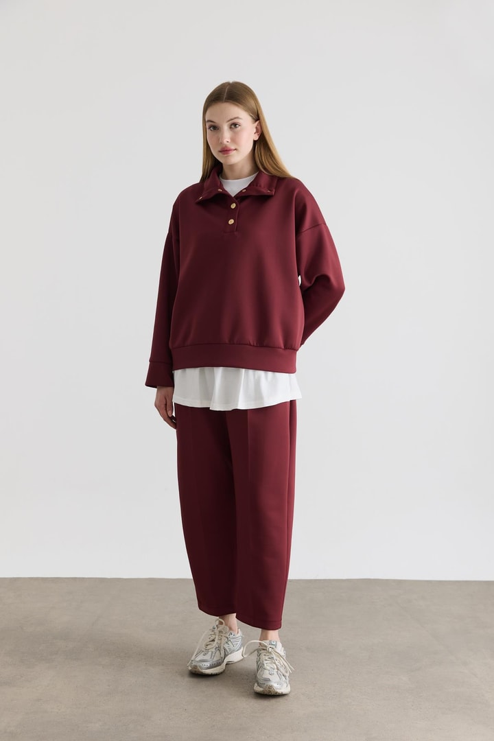 David Gold Düğmeli Basic Takım - Bordo