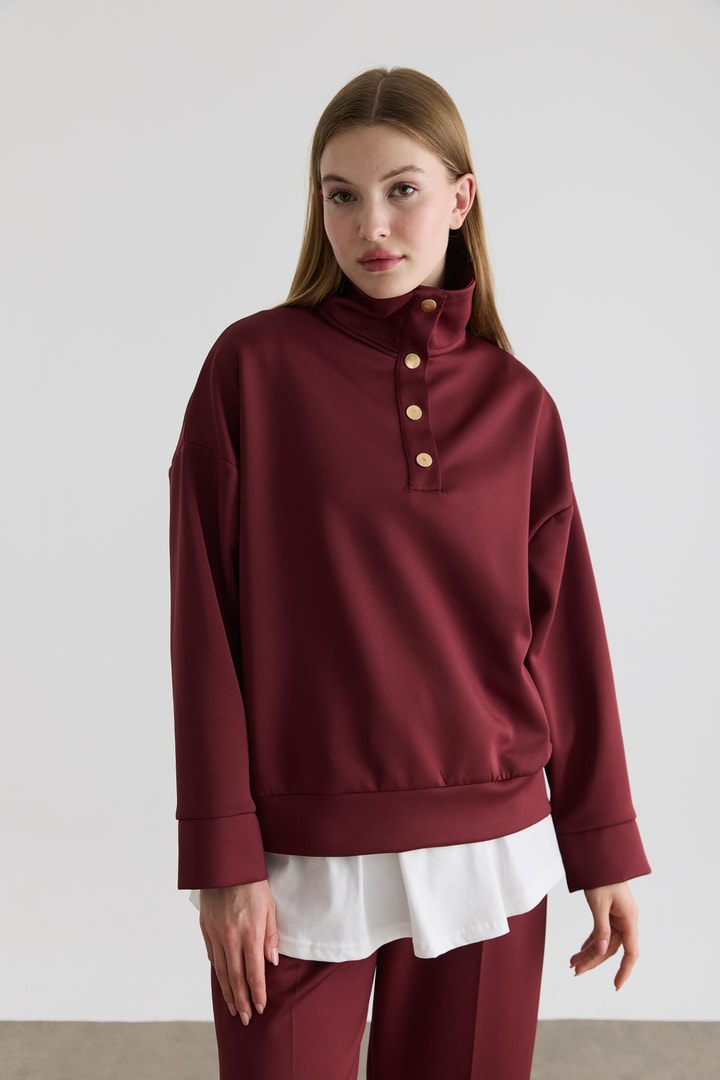 David Gold Düğmeli Basic Takım - Bordo