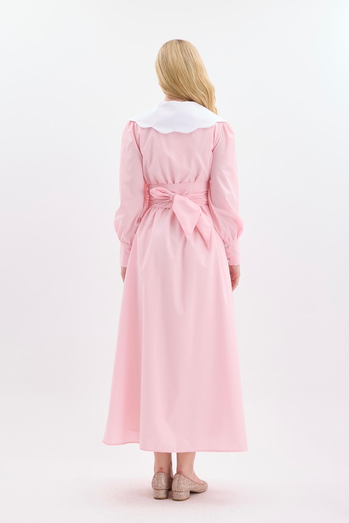 Della Çiçekli Çizgili Yaka Detay Elbise - Pembe