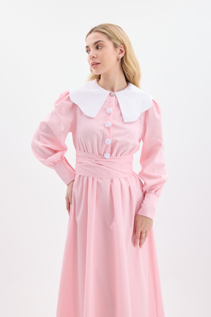 Della Çiçekli Çizgili Yaka Detay Elbise - Pembe