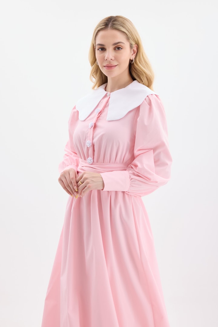 Della Çiçekli Çizgili Yaka Detay Elbise - Pembe