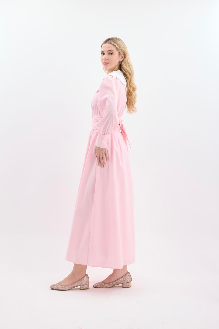 Della Çiçekli Çizgili Yaka Detay Elbise - Pembe