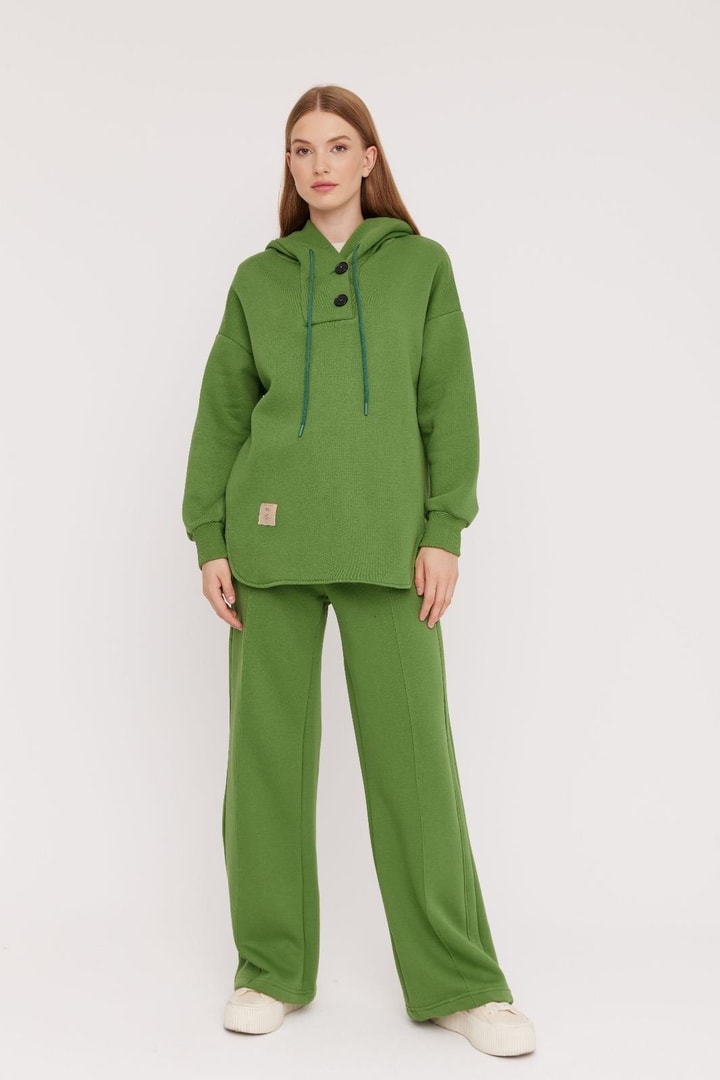 Deni Kapüşonlu Üç İplik Takım - elmayeşili