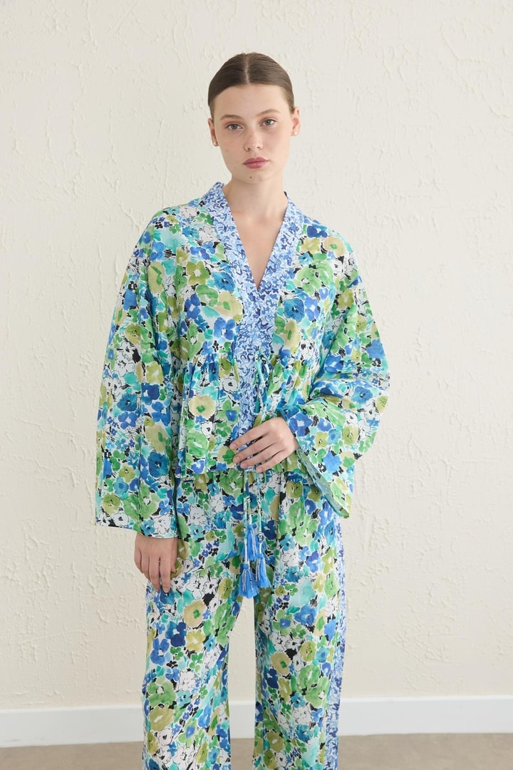 Desenli Matchli Kimono Takım - Yeşil