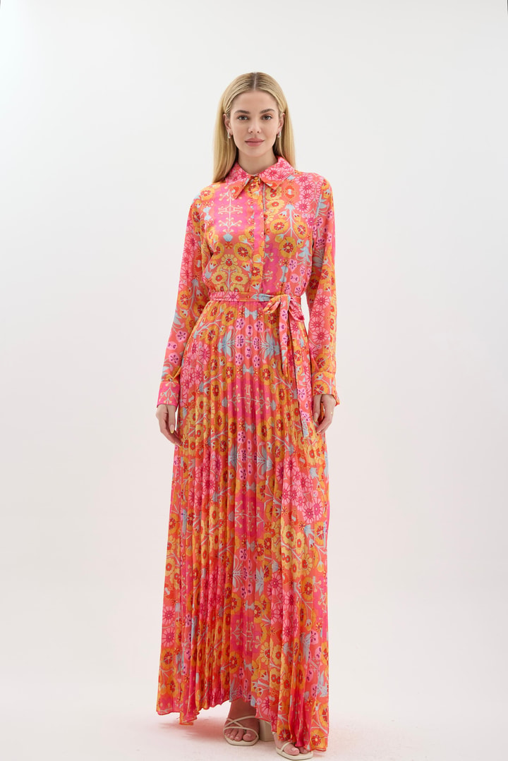 DESENLİ PİLİSOLEY SATEN ELBİSE - Pembe