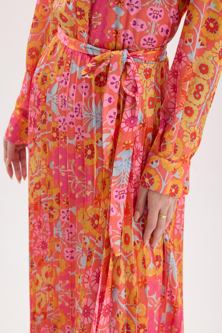 DESENLİ PİLİSOLEY SATEN ELBİSE - Pembe