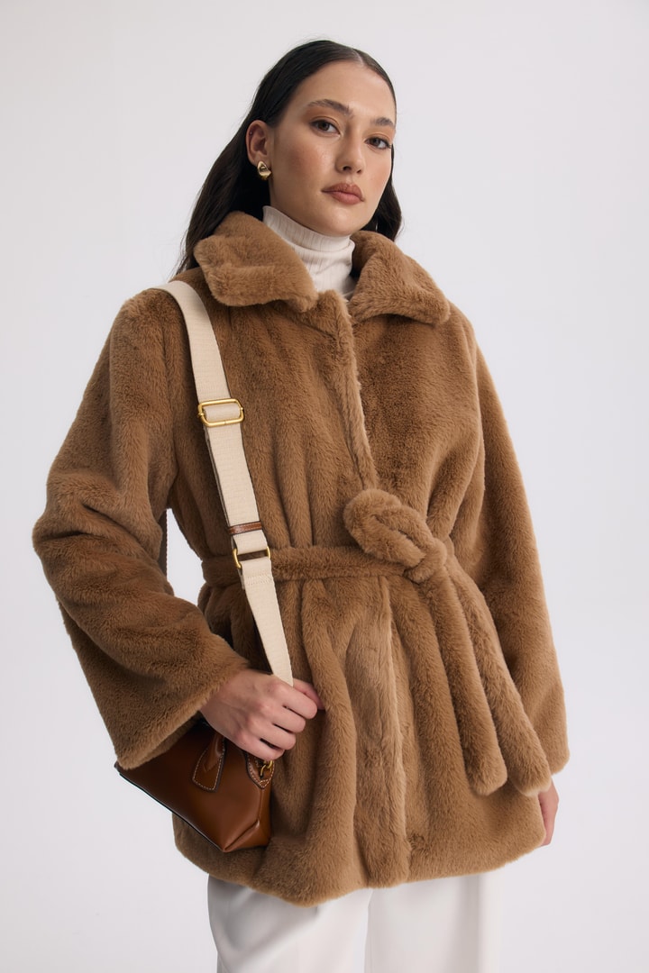 Destini Kuşaklı Peluş Ceket - Kahve