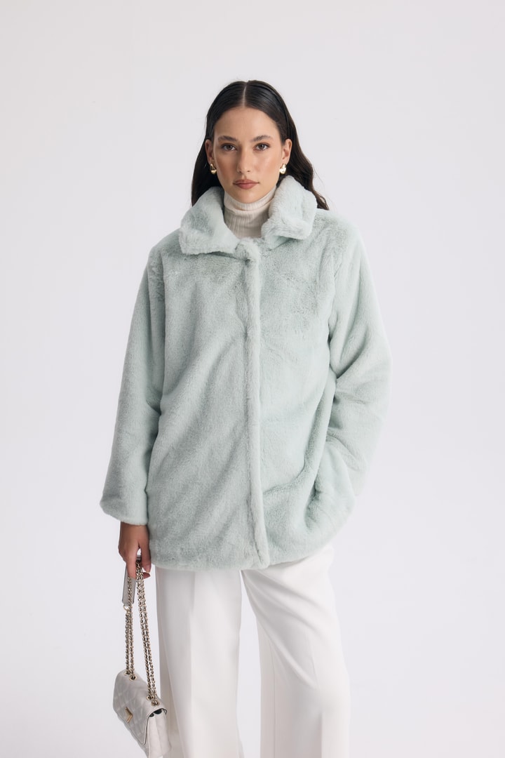 Destini Kuşaklı Peluş Ceket - Mint
