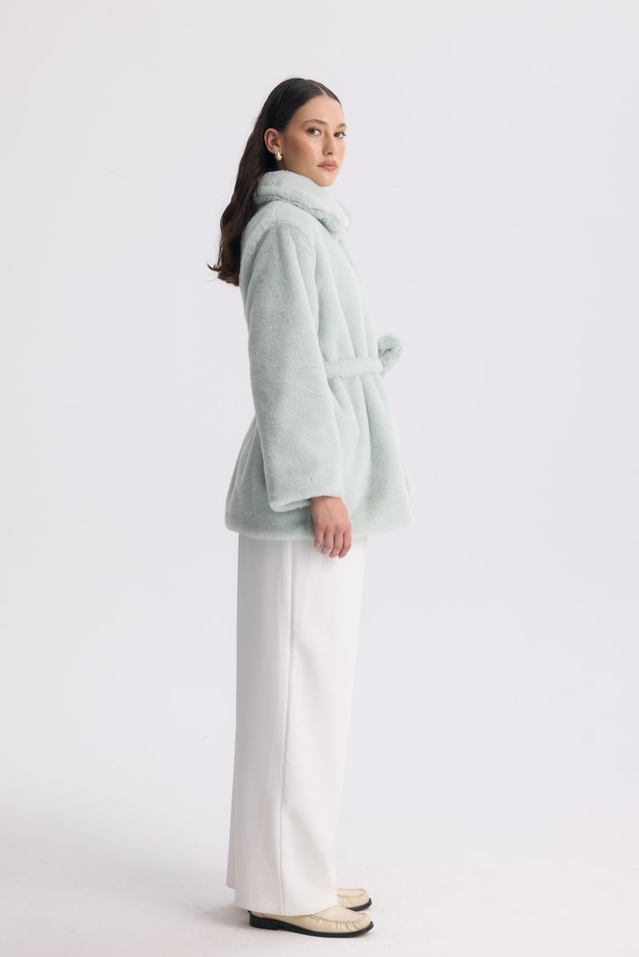 Destini Kuşaklı Peluş Ceket - Mint
