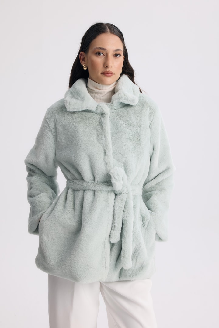 Destini Kuşaklı Peluş Ceket - Mint