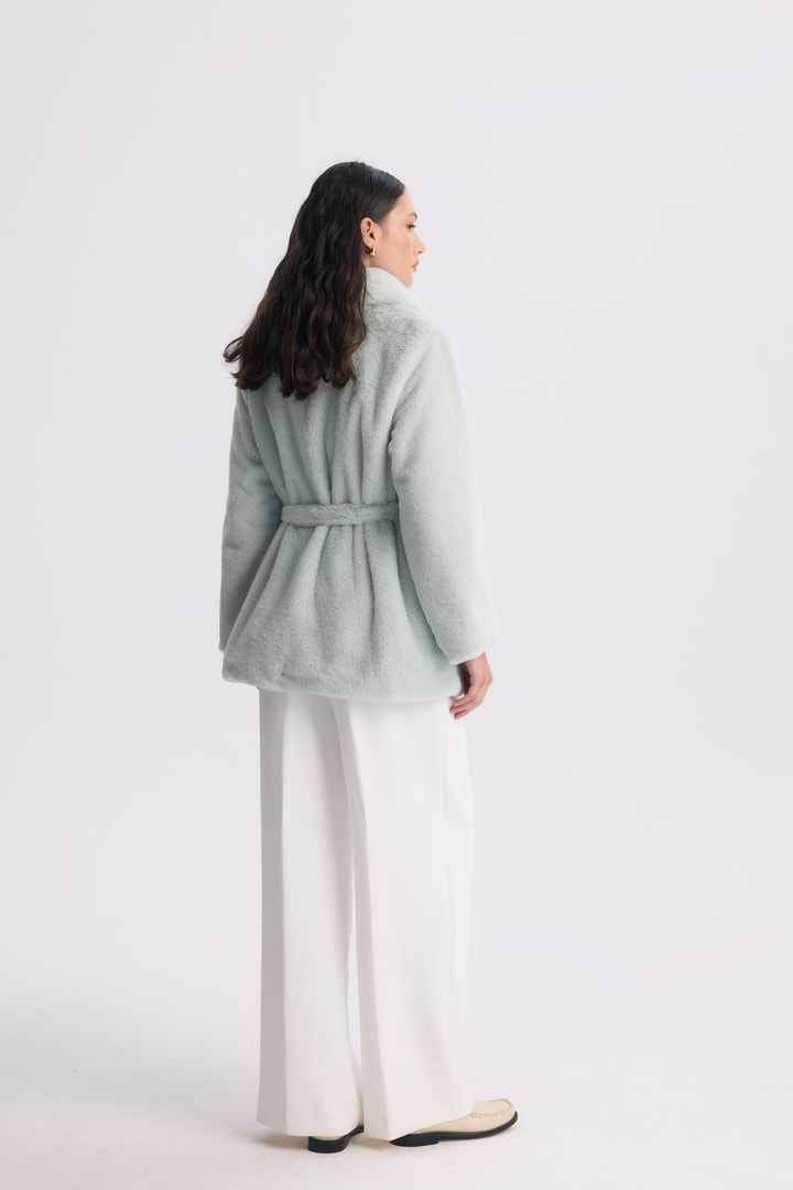 Destini Kuşaklı Peluş Ceket - Mint
