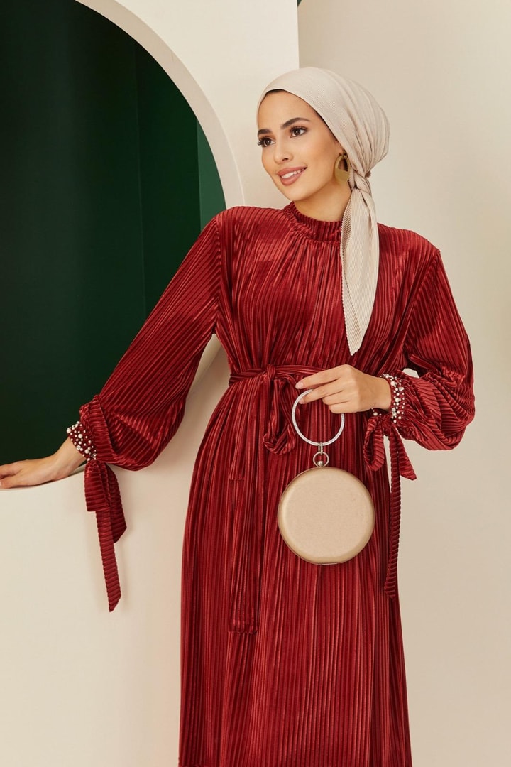Diana Kolu İncili Kadife Elbise - Bordo