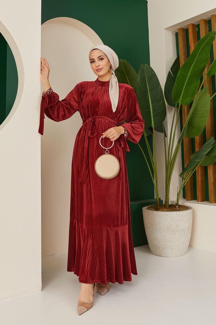 Diana Kolu İncili Kadife Elbise - Bordo