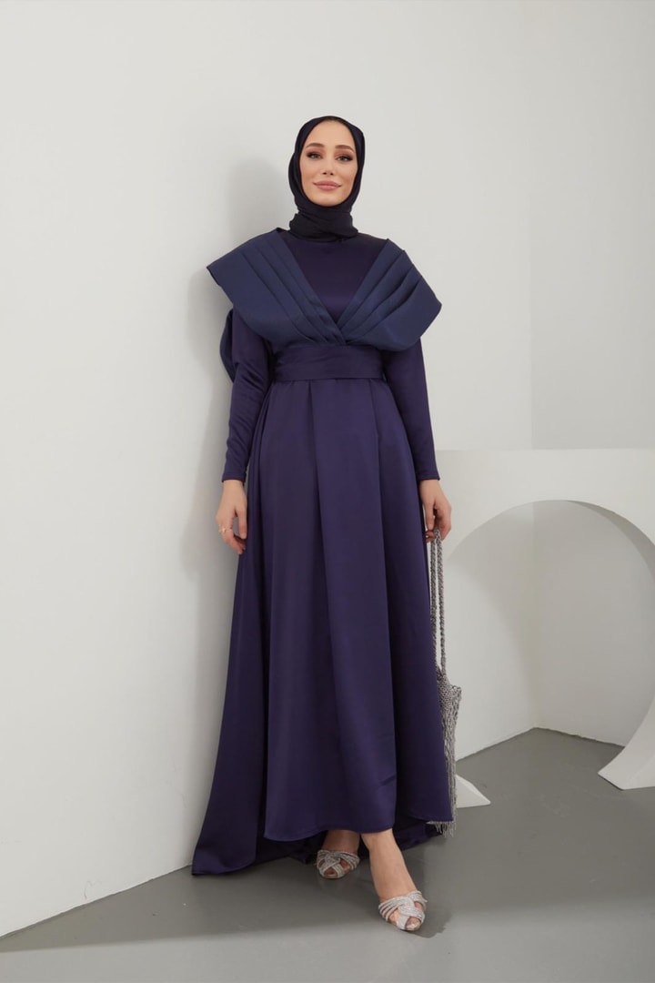 Dianella Saten Garnili Elbise - Gece Mavisi