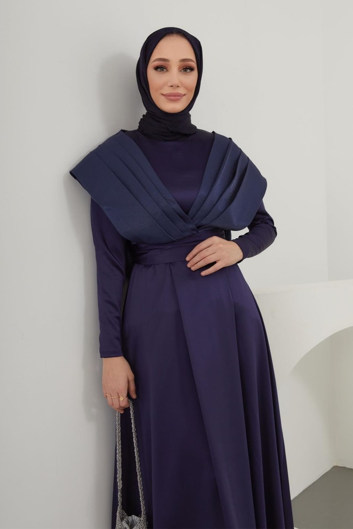 Dianella Saten Garnili Elbise - Gece Mavisi