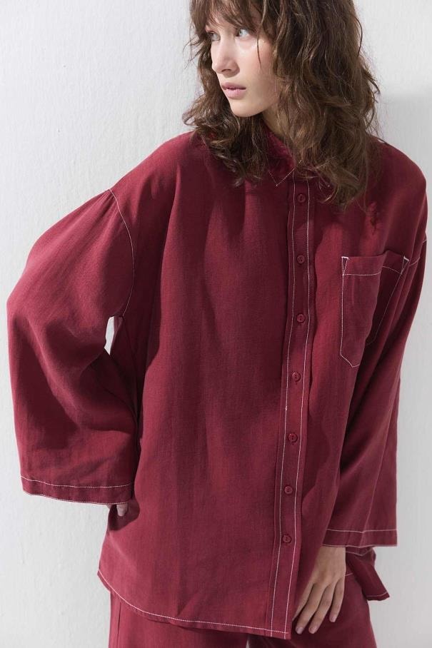 Dikiş Detaylı Rahat Pantolon Takım - Bordo