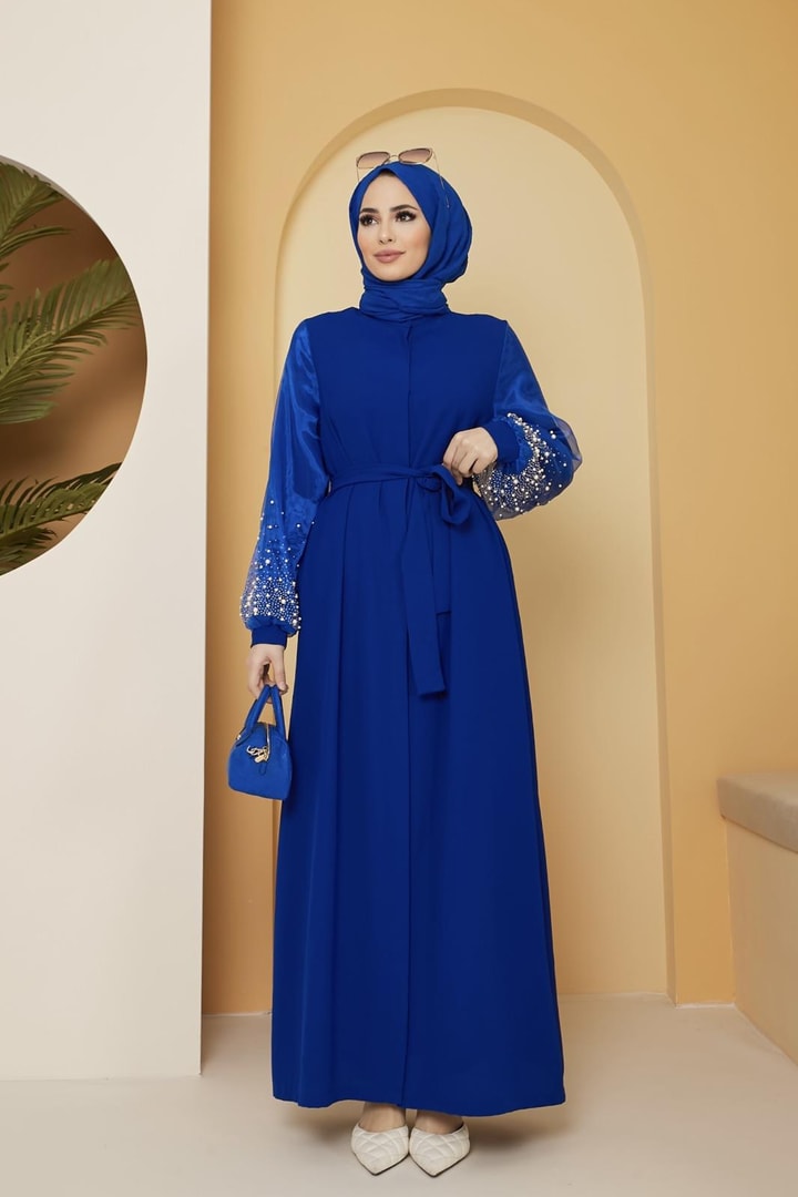 Dorika Kolu İncili Kemerli Abaya - saks mavisi
