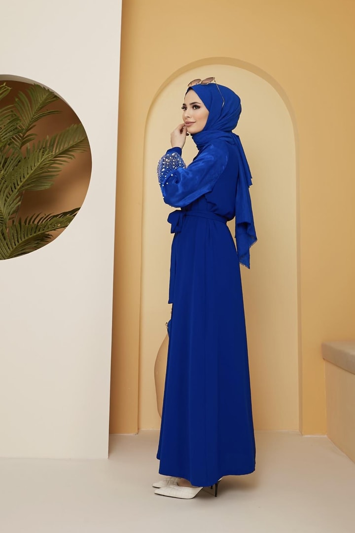Dorika Kolu İncili Kemerli Abaya - saks mavisi