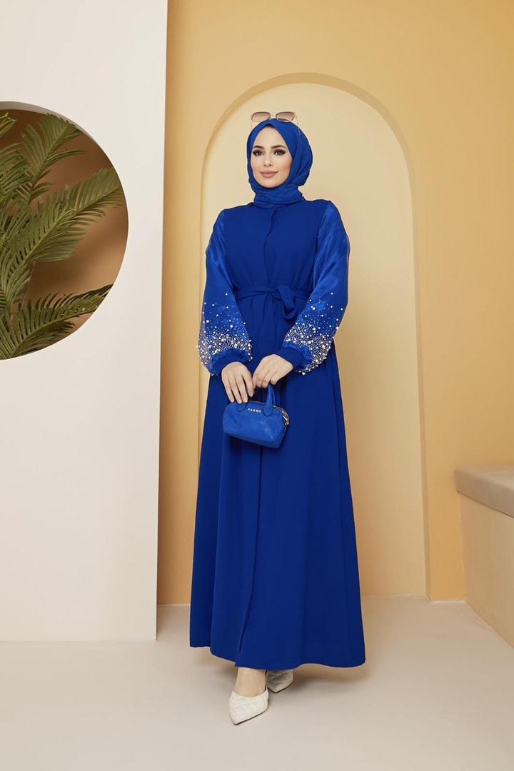 Dorika Kolu İncili Kemerli Abaya - saks mavisi