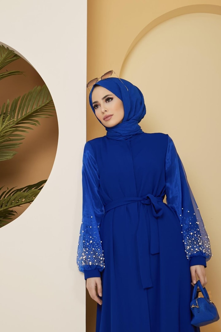Dorika Kolu İncili Kemerli Abaya - saks mavisi