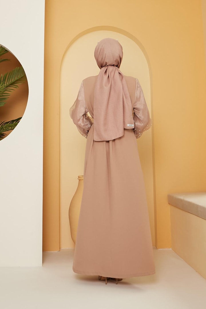 Dorika Kolu İncili Kemerli Abaya - sütlü kahve