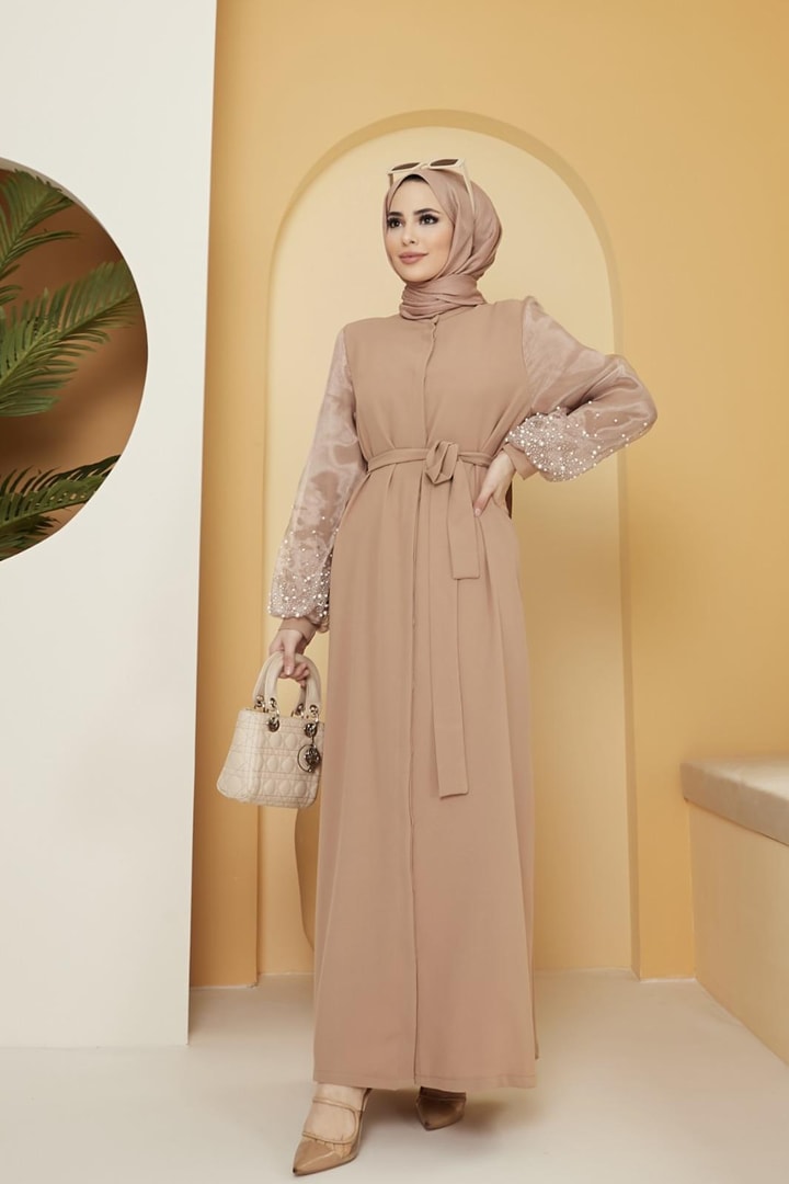 Dorika Kolu İncili Kemerli Abaya - sütlü kahve