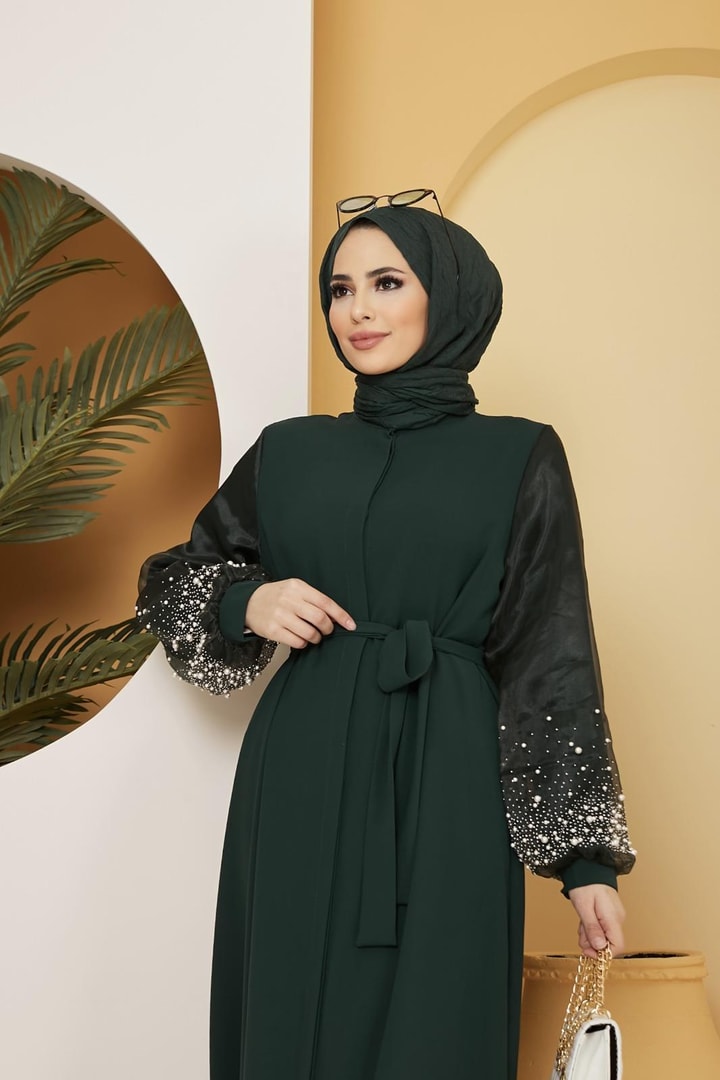Dorika Kolu İncili Kemerli Abaya - Zümrüt