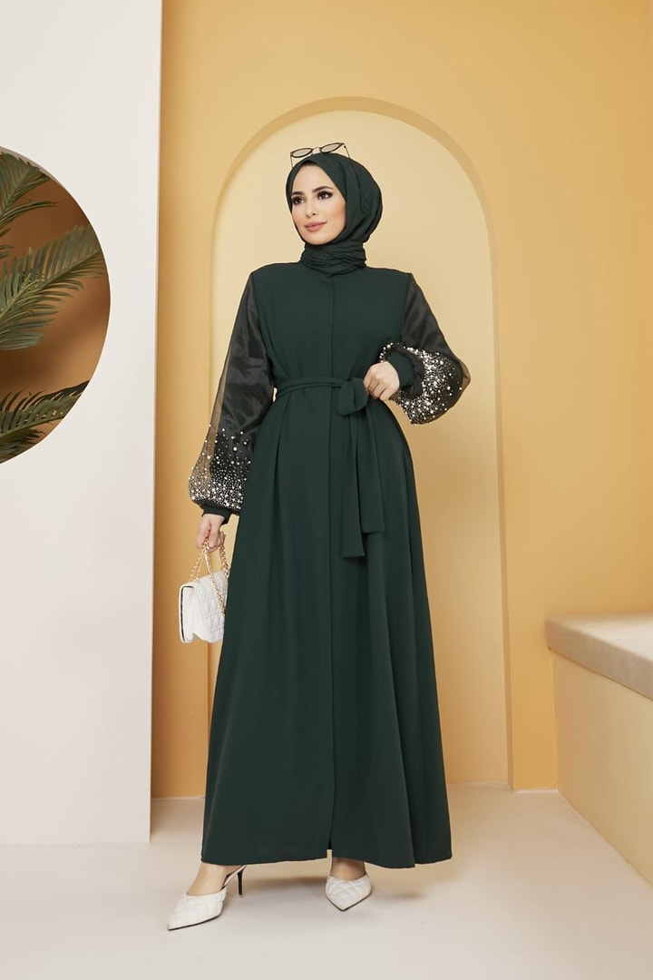 Dorika Kolu İncili Kemerli Abaya - Zümrüt