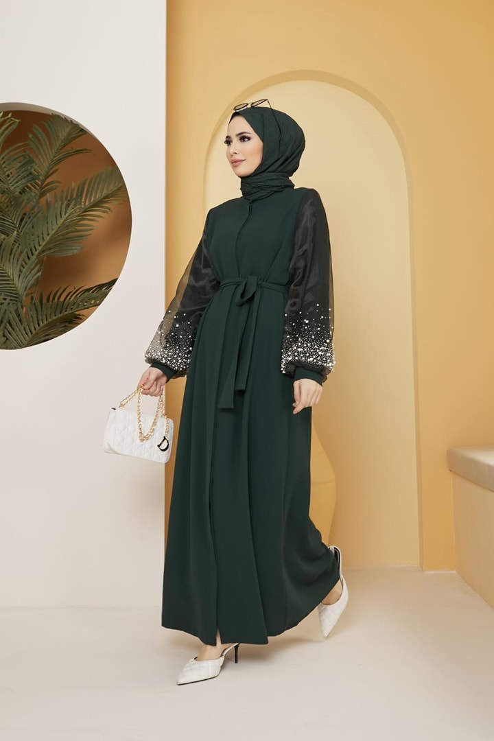 Dorika Kolu İncili Kemerli Abaya - Zümrüt