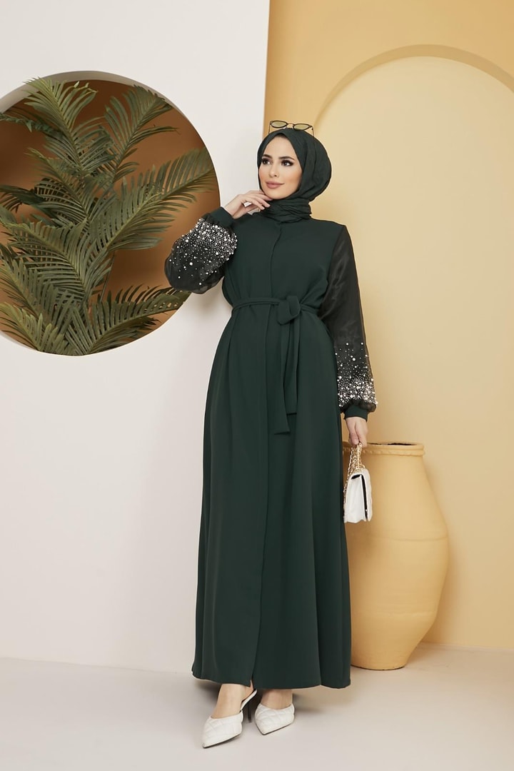 Dorika Kolu İncili Kemerli Abaya - Zümrüt