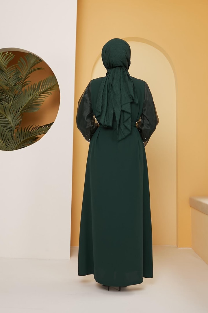 Dorika Kolu İncili Kemerli Abaya - Zümrüt