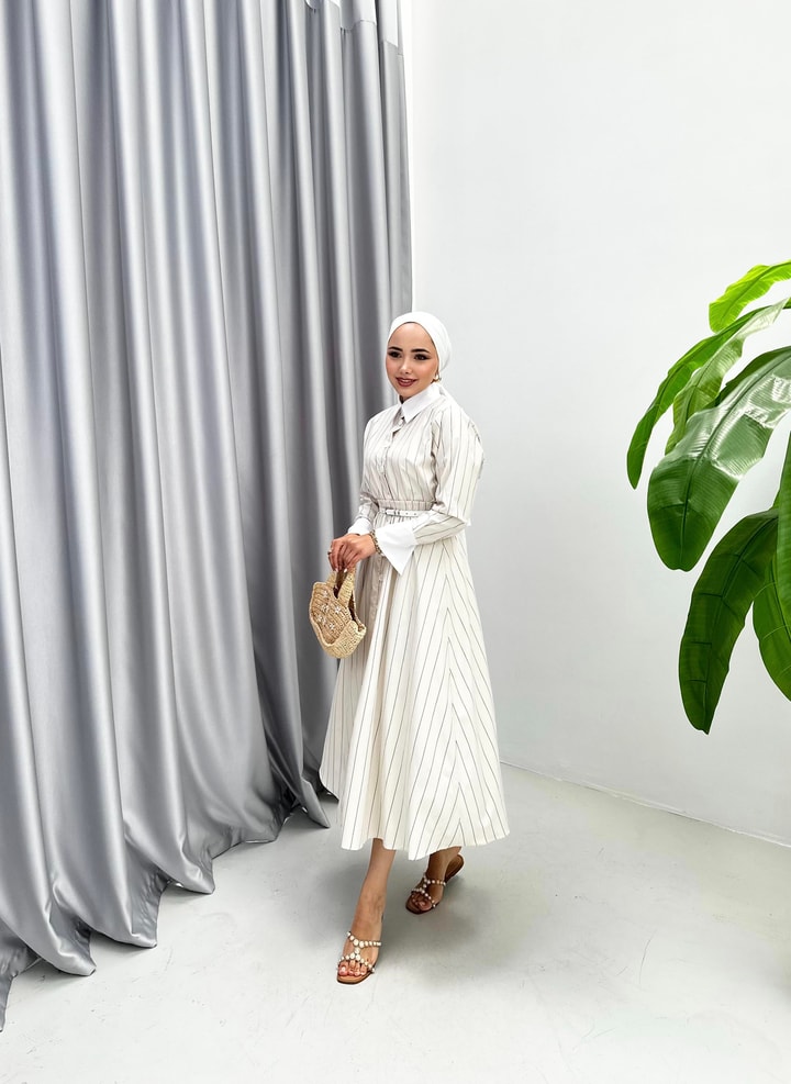 Düğme Detaylı Çizgili Etek Takım - Ekru