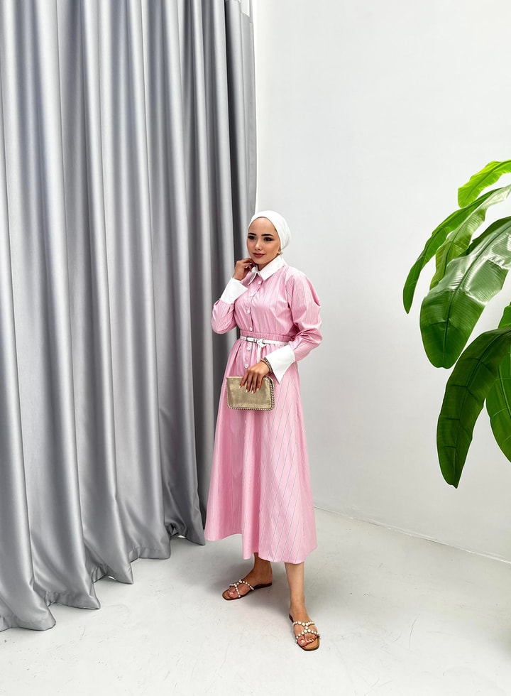 Düğme Detaylı Çizgili Etek Takım - Pembe