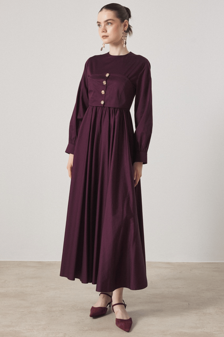 Düğme Detaylı Compact Saten Elbise - Mürdüm