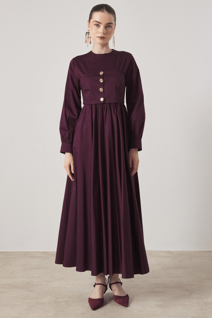 Düğme Detaylı Compact Saten Elbise - Mürdüm