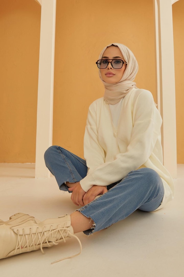 Düğmeli Triko Hırka - Ekru