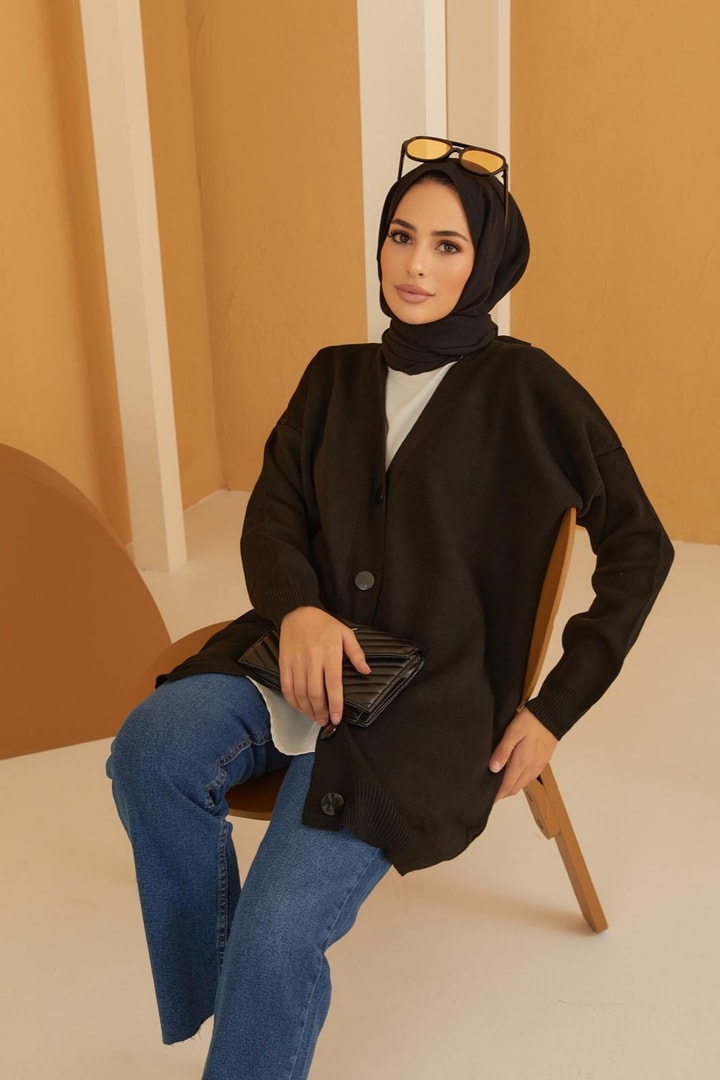 Düğmeli Triko Hırka - Siyah