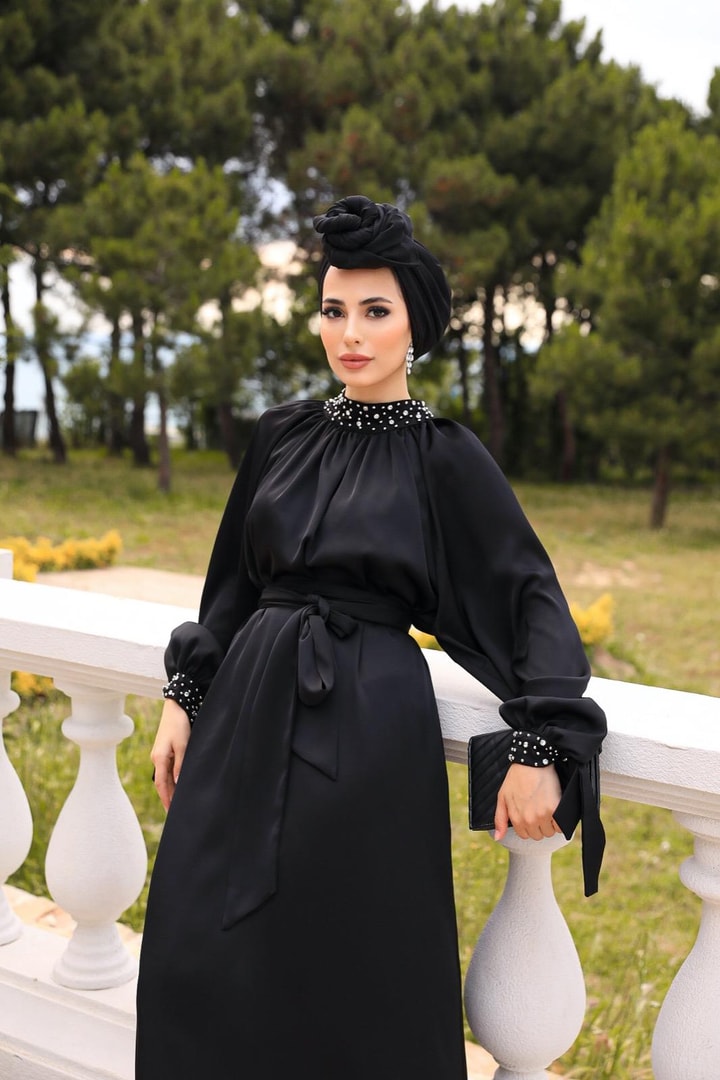 Eftelya Saten Abiye Elbise - Siyah