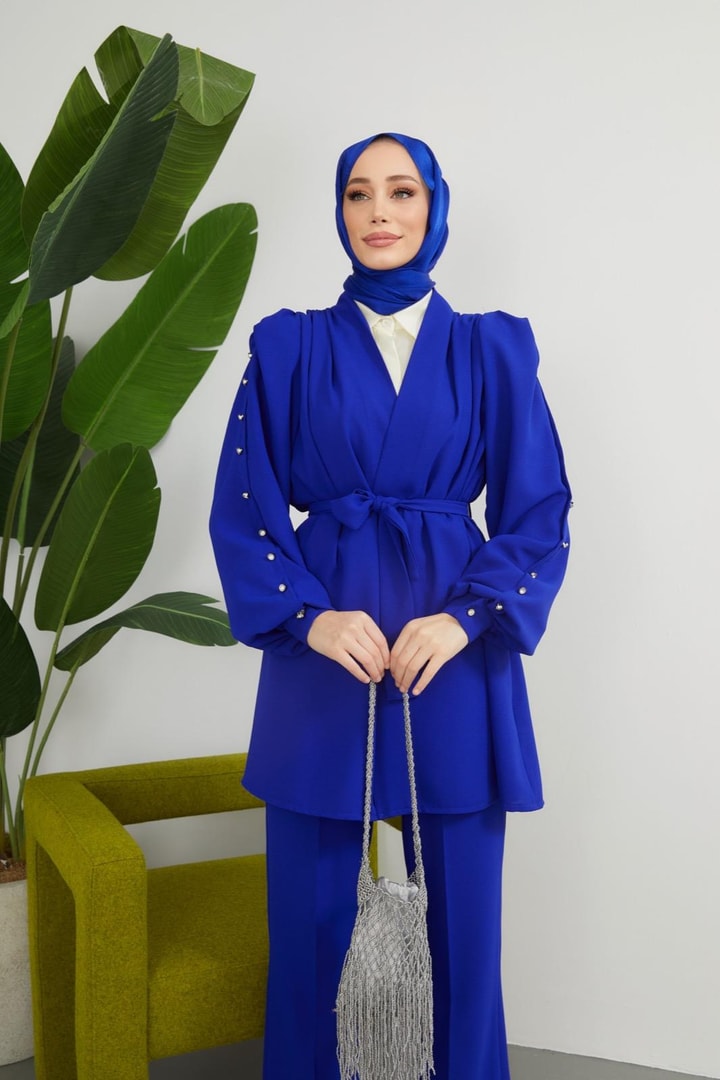 Elika Omzu Büzgülü Kolu Düğmeli Krep Takım - saks mavisi