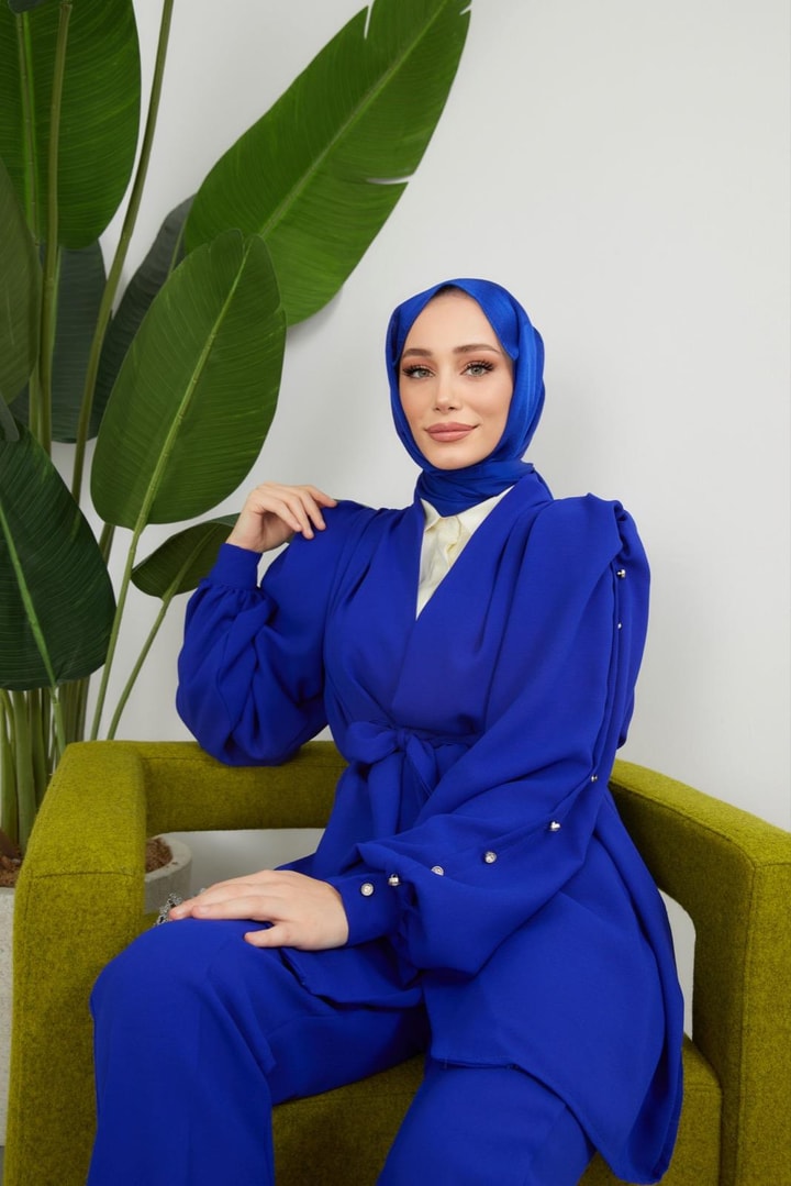 Elika Omzu Büzgülü Kolu Düğmeli Krep Takım - saks mavisi