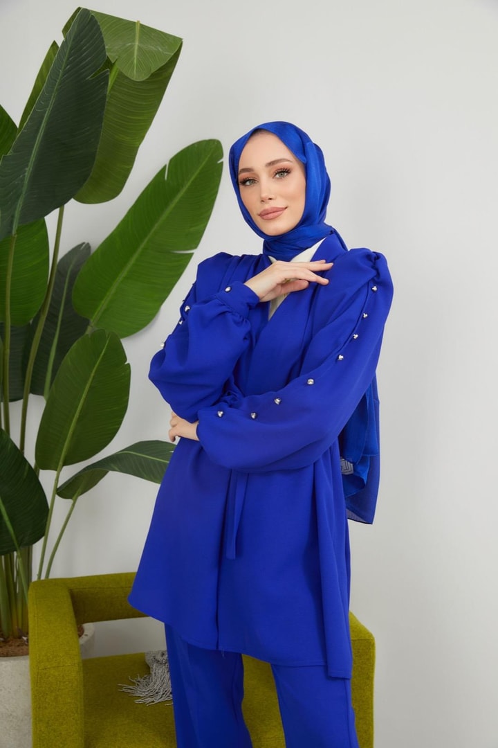 Elika Omzu Büzgülü Kolu Düğmeli Krep Takım - saks mavisi