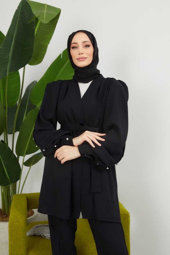 Elika Omzu Büzgülü Kolu Düğmeli Krep Takım - Siyah