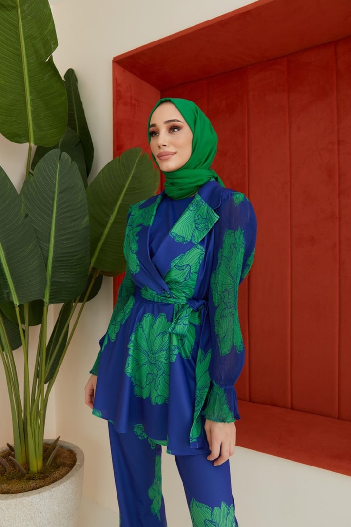Elka Kolları Piliseli Ceket Takım - saks mavisi